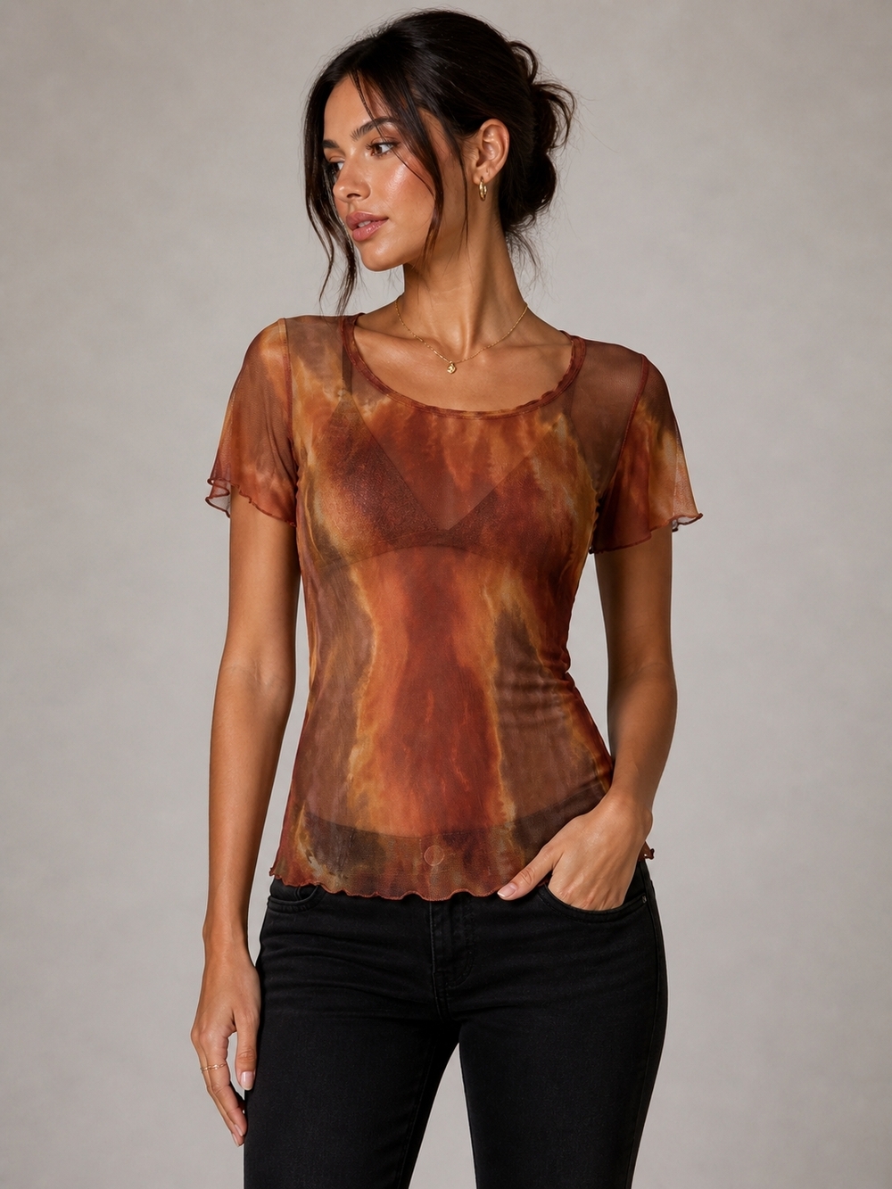 Women's Sheer Short Sleeve Mesh Top in Rust Tie-Dye